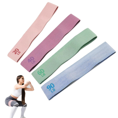 Fabric resistance bands set in four colors: pink, purple, green, and blue, perfect for versatile workouts.